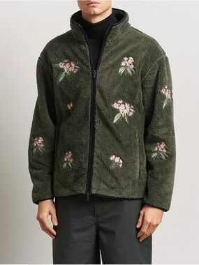 Todd Snyder x Woolrich Olive Green Floral Embroidered Zip-Up Fleece Jacket